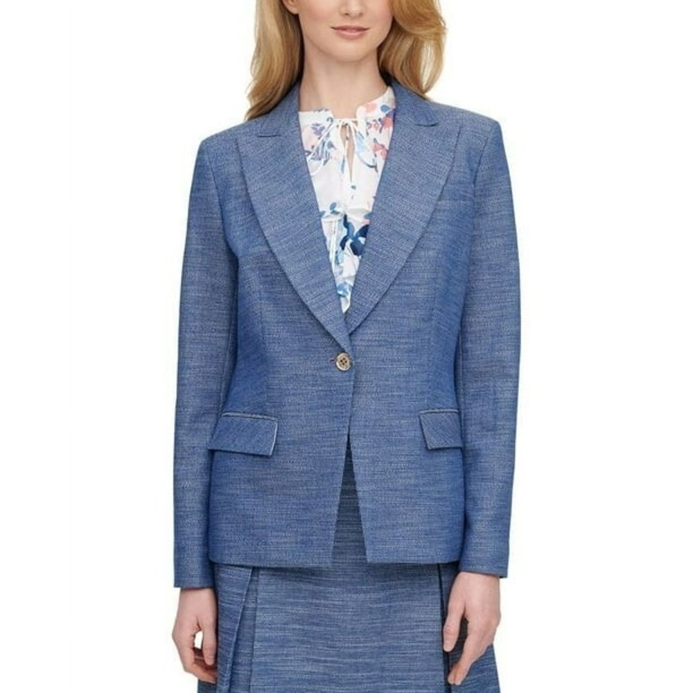 Tommy Hilfiger Womens Blue Tweed Gold Button 100% Cotton Lined Blazer Jacket 4